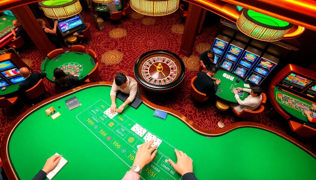 Experience the excitement of new88bet with players at casino tables, showcasing intense card games and vibrant roulette.