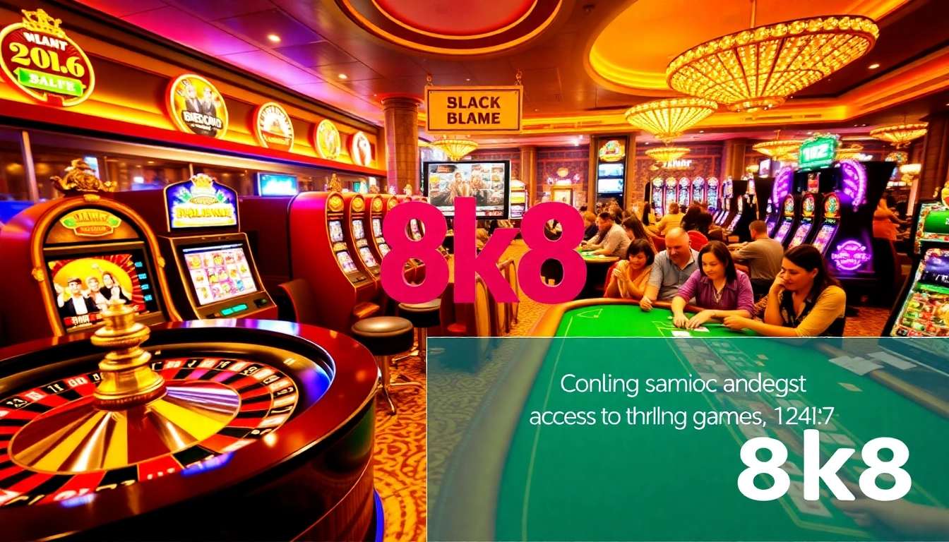 Experience the thrill of 8k8 with lively casino games like slots and poker, showcasing a vibrant atmosphere.