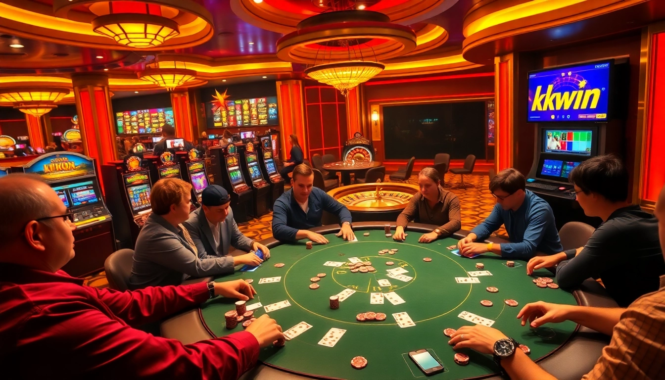 Kkwin players experiencing excitement at an engaging poker table in a bustling casino.